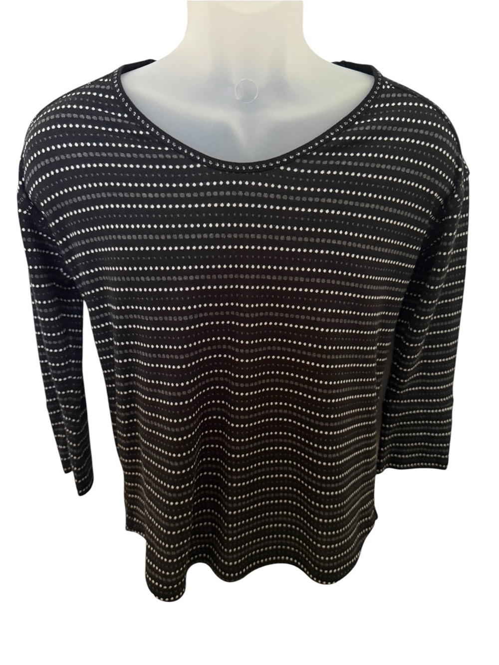 Talbots Black Striped Dot Knit Women Top Blouse MP Medium Petite
